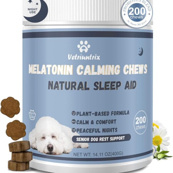 Melatonin for Dogs, Calming Chews for Dogs for Sleep, Fireworks, Storms, Thunder, Barking, Separation, Dog Calming Chews with Valerian Root & L-Theanine, 200 Count