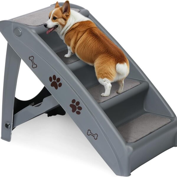 Saicool Foldable Pet Stairs with Non-Slip Surface, Portable Dog Steps Ramp for High Beds, Couches, Cars and SUVs, Support Up to 150lbs, Waterproof, Grey
