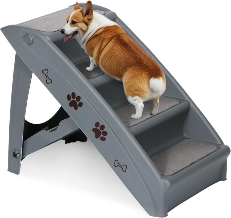 Saicool Foldable Pet Stairs with Non-Slip Surface, Portable Dog Steps Ramp for High Beds, Couches, Cars and SUVs, Support Up to 150lbs, Waterproof, Grey