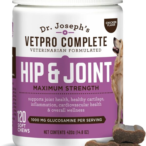 Dr. Joseph's VetPro Complete Dog Hip & Joint Supplement for Arthritis Pain Relief  High-Strength Glucosamine & Chondroitin Chews for Senior Dogs  Vet Formulated Daily Treats, Chicken Flavor, 120 Ct