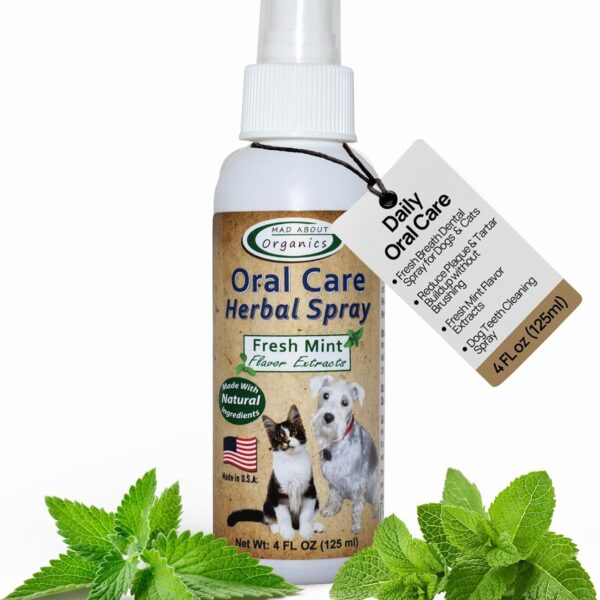Daily Oral Care Herbal Spray for Dogs & Cats - Wintergreen, Spearmint & Peppermint Formula, Reduces Plaque & Tartar for Fresh Breath, Simple No-Brush Dental Solution, 4oz Bottle