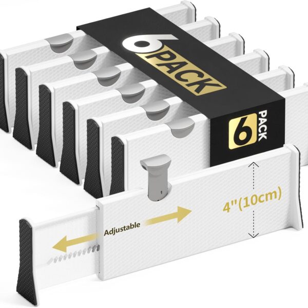 NTQNOIKA Drawer Dividers Organizer 6 Pack, Adjustable Separators 4" High Expandable from 11-17" for Bedroom, Bathroom, Closet, Clothing, Office, Kitchen (White, 6 PACK)