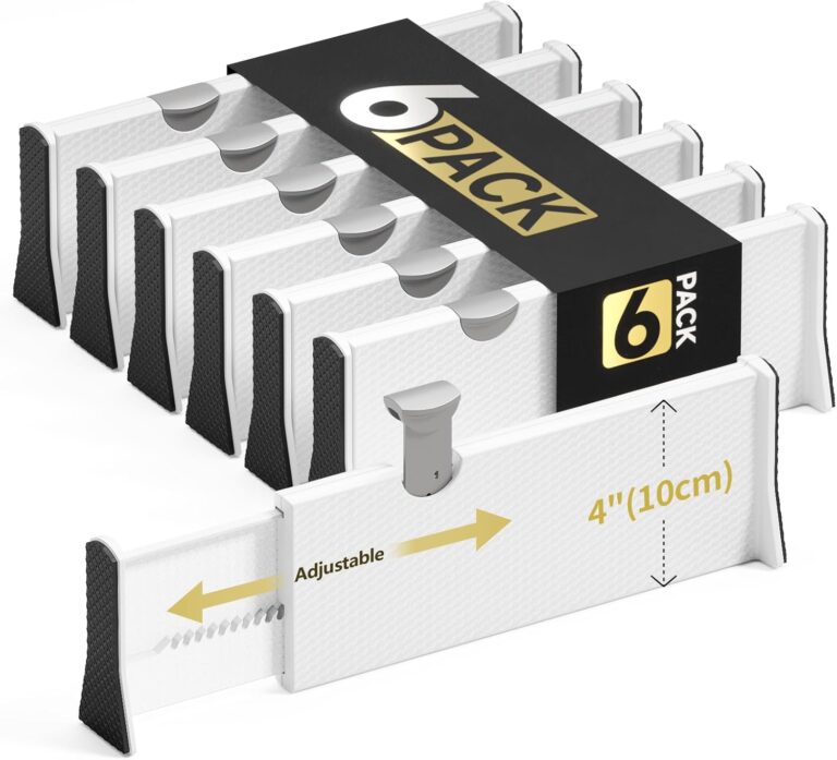 NTQNOIKA Drawer Dividers Organizer 6 Pack, Adjustable Separators 4" High Expandable from 11-17" for Bedroom, Bathroom, Closet, Clothing, Office, Kitchen (White, 6 PACK)