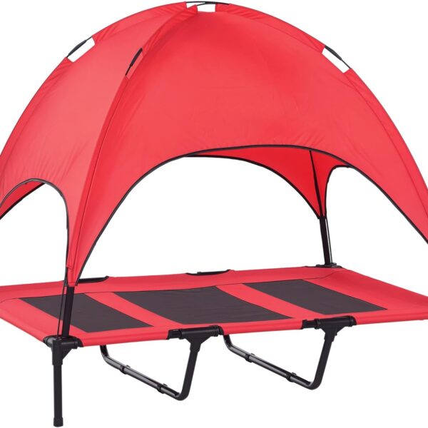 PawHut Elevated Dog Bed with Removable Canopy, Outdoor Dog Cot with UV Protection Canopy Shade, 48 inch Large Pet Bed for Camping, Red