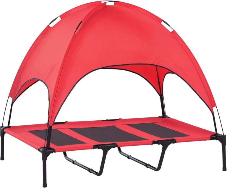 PawHut Elevated Dog Bed with Removable Canopy, Outdoor Dog Cot with UV Protection Canopy Shade, 48 inch Large Pet Bed for Camping, Red