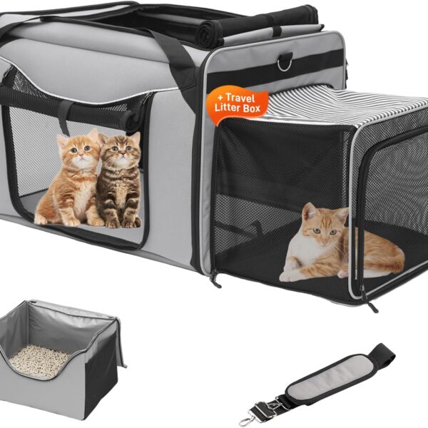 Expandable Cat Carrier for Car Travel, Extra Large Cat Carrier with Litter Box, 24"x17"x16" Soft-Sided Pet Carrier for Long Distance, Collapsible Soft-Sided Pet Carriers for 2 Cats Under 45lbs(Grey)
