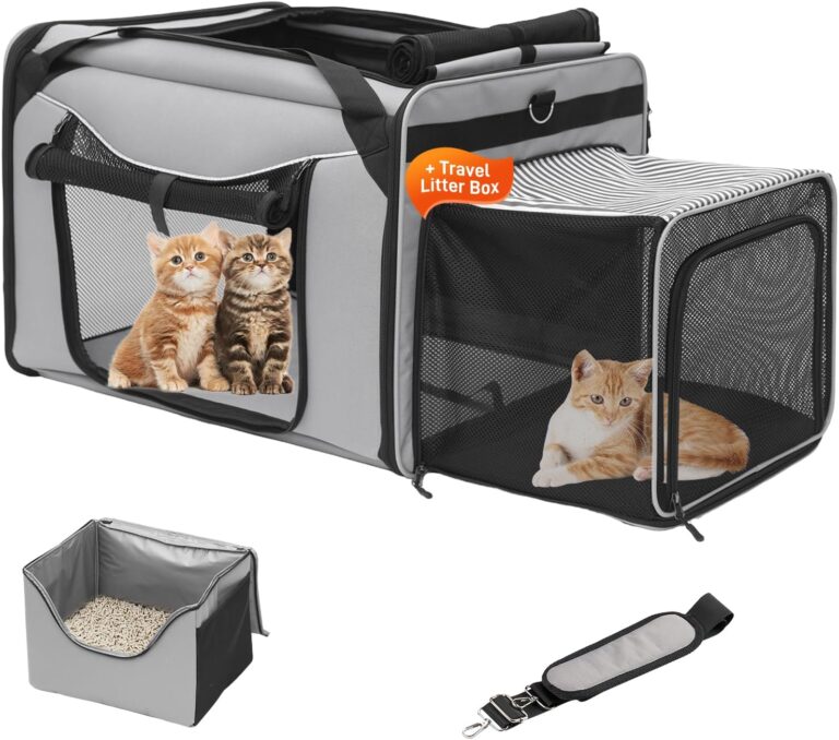 Expandable Cat Carrier for Car Travel, Extra Large Cat Carrier with Litter Box, 24"x17"x16" Soft-Sided Pet Carrier for Long Distance, Collapsible Soft-Sided Pet Carriers for 2 Cats Under 45lbs(Grey)
