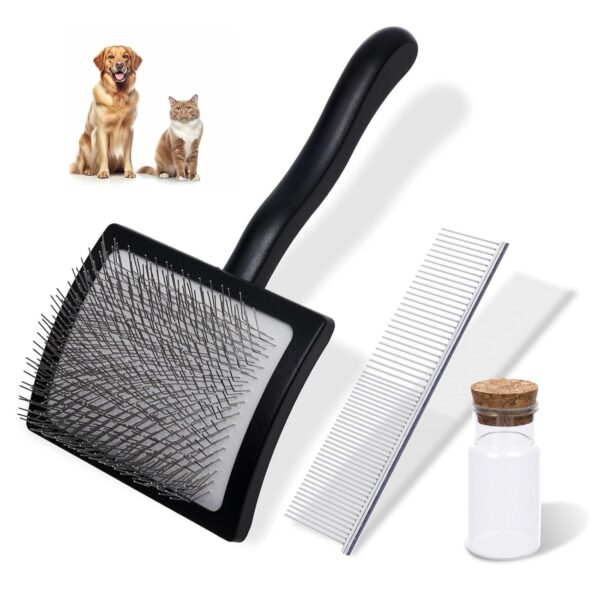 3PCS Slicker Brush for Dogs & Pet Comb,Professional Dog Grooming Brush (Goldendoodles,Poodles,Labradoodles) with Extra Long Pins to Effectively Remove Tangles, Knots,Mats Hair Collection Bottle(Black)