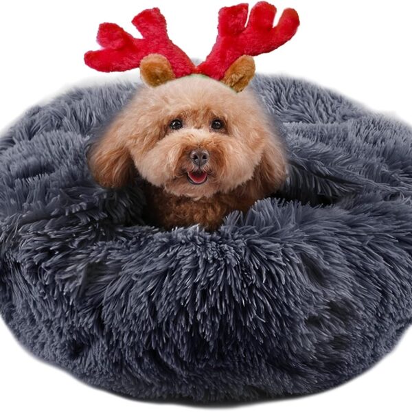 suddus Anti Anxiety Dog Bed with Blanket Attached, Hooded Dogs Beds for Medium Dogs, Round Soft Fluffy Donut Snuggle Dog Bed, Washable, Drak Grey, 26"