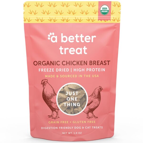 A Better Treat Organic Freeze Dried Chicken Breast Dog Treats, Organic, Single Ingredient | Natural Healthy High Value | Gluten Free, Grain Free, High Protein, Diabetic Friendly | Made in The USA