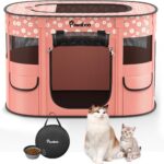 Dog Playpen, Portable Pet Cat PlayPen, 600D Oxford Dog Kennel Tent Crate, Waterproof&Breathable, Indoor Outdoor Travel Camping for Medium/Large Breed with Carrying Case+Bowl(M), Light Pink Flowers