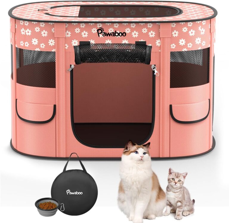 Dog Playpen, Portable Pet Cat PlayPen, 600D Oxford Dog Kennel Tent Crate, Waterproof&Breathable, Indoor Outdoor Travel Camping for Medium/Large Breed with Carrying Case+Bowl(M), Light Pink Flowers
