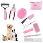 9 Pcs Pet Grooming Brush Set for Shedding, Professional Cats Dogs Long Hair Brush Nail Clipper And File Grooming Kit Self Cleanup Deshedding Multifunctional for Dogs Cats (Pink)