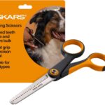Fiskars Pet, Dog and Cat Grooming Scissors, Serrated Teeth for Thinning & SoftGrip Handle, Cat and Dog Supplies, Orange/Black, Blending Scissors