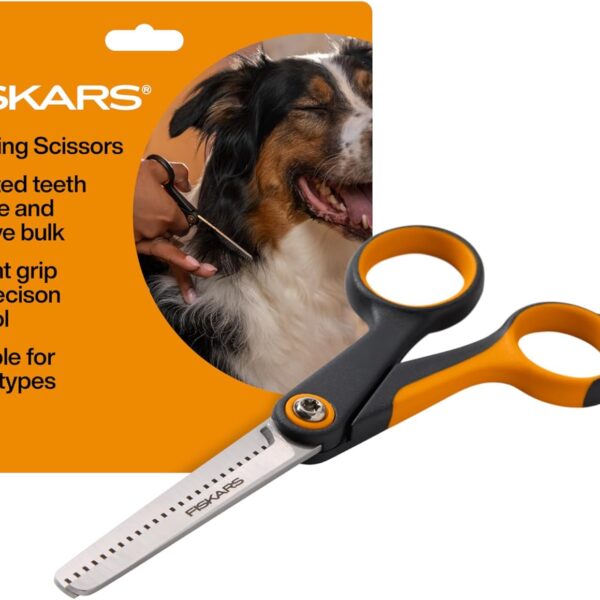 Fiskars Pet, Dog and Cat Grooming Scissors, Serrated Teeth for Thinning & SoftGrip Handle, Cat and Dog Supplies, Orange/Black, Blending Scissors