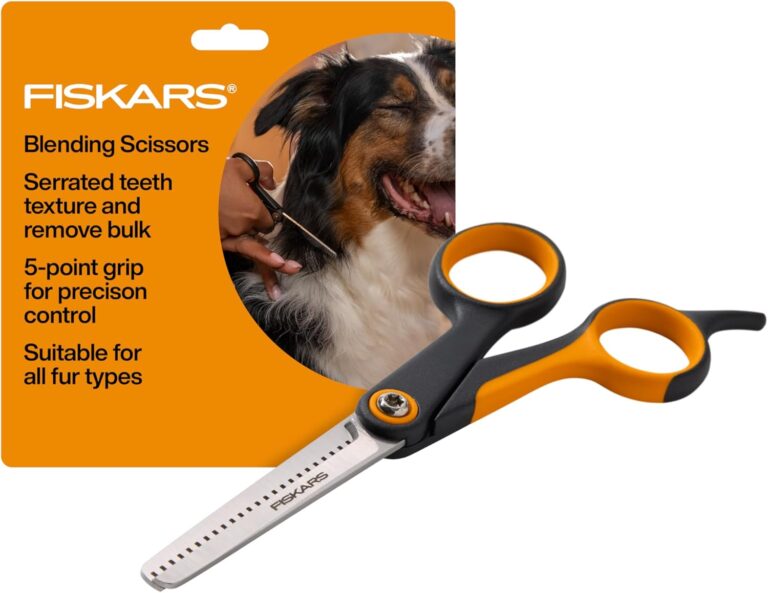 Fiskars Pet, Dog and Cat Grooming Scissors, Serrated Teeth for Thinning & SoftGrip Handle, Cat and Dog Supplies, Orange/Black, Blending Scissors