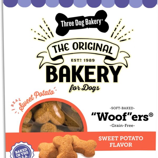 Three Dog Bakery Grain-Free Woofers Sweet Potato Dog Treats - Soft-Baked Dog Biscuits for Sensitive Tummies, Human-Inspired Dog Treats, Dog Treats for Puppy Training with Real Ingredients