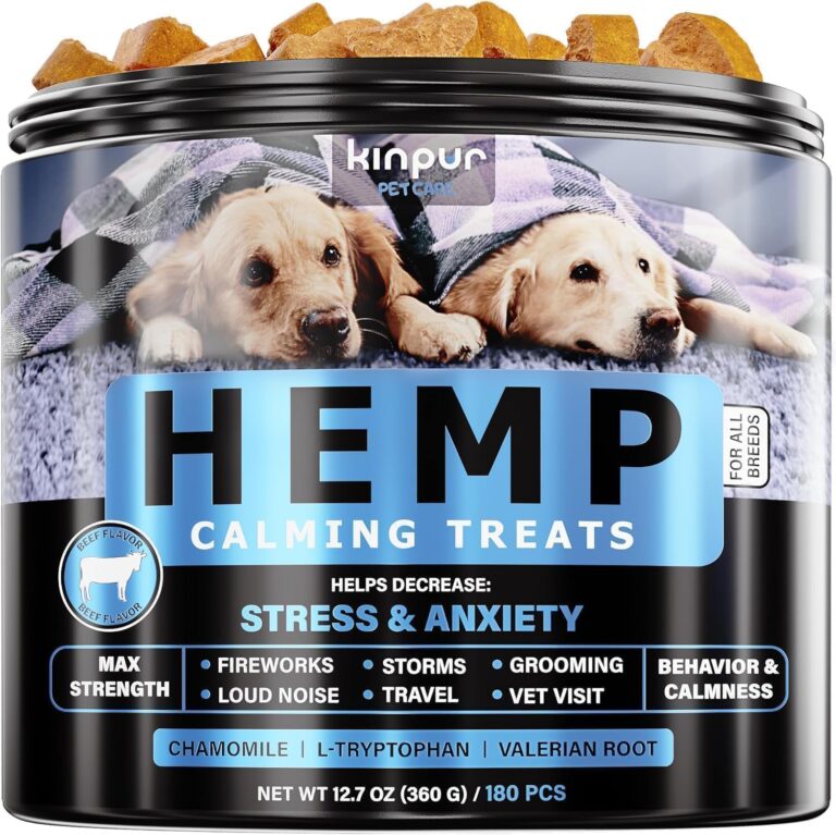 Kinpur Pet Care Relaxing Dog Calming Chews with Hemp Oil, Valerian Root, and Vitamin B - Natural Stress and Anxiety Relief for Dogs - 180 Beef-Flavored Calming Treats for All Breeds