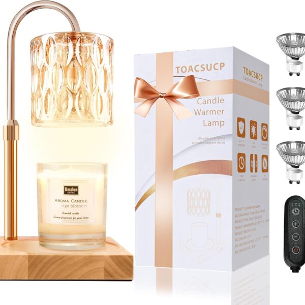 Candle Warmer Lamp with 3 Bulbs, Adjustable Height Dimmable Candle Warmer with Timer, Candle Lamp with Charming Gift Box Ribbon,Birthday Gifts for Women Mom, House Warming Gifts New Home Decor