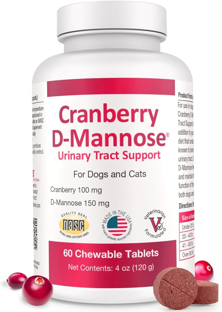 Cranberry D-Mannose Urinary Tract Supplement for Dogs & Cats  Bladder & UTI Health Support  Cranberry Extract, D-Mannose & Vitamin CPromotes Urinary Wellness & Kidney Function  60 Chewable Tablets
