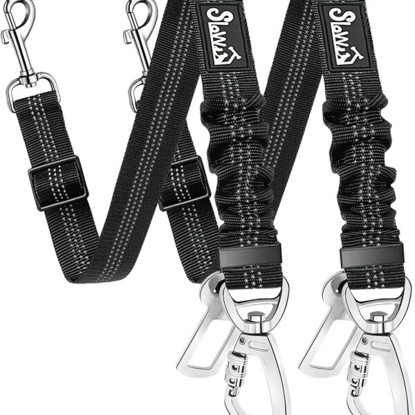 SlowTon Dog Seatbelt, 2 Pack Dog Seat Belt Car Leash Adjustable Elastic Bungee Buffer Heavy Duty Nylon Reflective Pet Safety Tether Connect to Dog Harness for Travel Riding in Vehicle (Daul Clip, B)