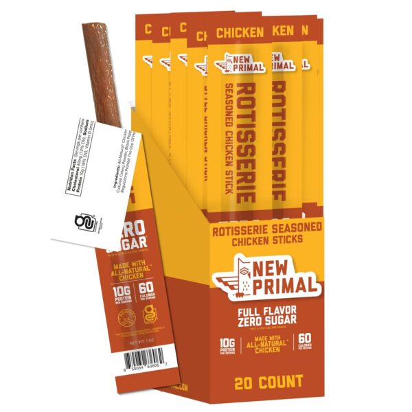 New Primal Rotisserie Chicken Sticks, Zero Sugar High Protein Snack, Gluten Free Whole30 Healthy Snacks, Keto and Paleo Friendly, Jerky Meat Stick, 10g Protein, 20 Ct