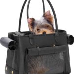 Fashion Pet Carrier Purse for Small Cat and Dog, Luxury Pu Soft-Sided Tote Bag with Large Pockets for Dogs and Puppies (Black, 15.8" L x 7.5" W x 11.8" H)