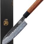 MITSUMOTO SAKARI Santoku Chef Knife 7 inch - Hand Forged Japanese Kitchen Knives, 3-Layer 9CR18MOV High Carbon Steel, Rosewood Handle & Sandalwood Box