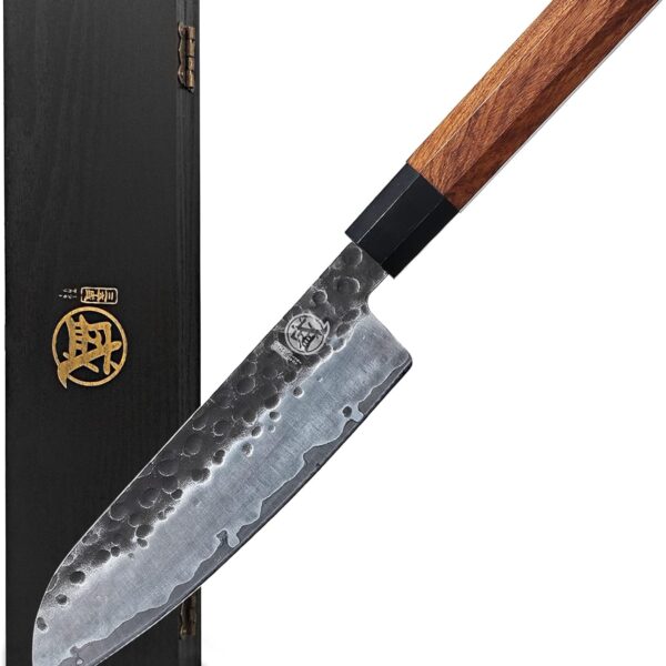 MITSUMOTO SAKARI Santoku Chef Knife 7 inch - Hand Forged Japanese Kitchen Knives, 3-Layer 9CR18MOV High Carbon Steel, Rosewood Handle & Sandalwood Box