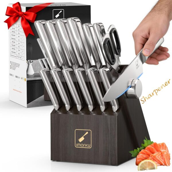 Knife Sets for Kitchen with Block imarku G14 Japanese Knife Set Stainless Steel Kitchen 14pcs, Built-in Sharpener, Sharp Knives with Non-slip Ergonomic Handle - Dishwasher Safe, Home Essential Gifts
