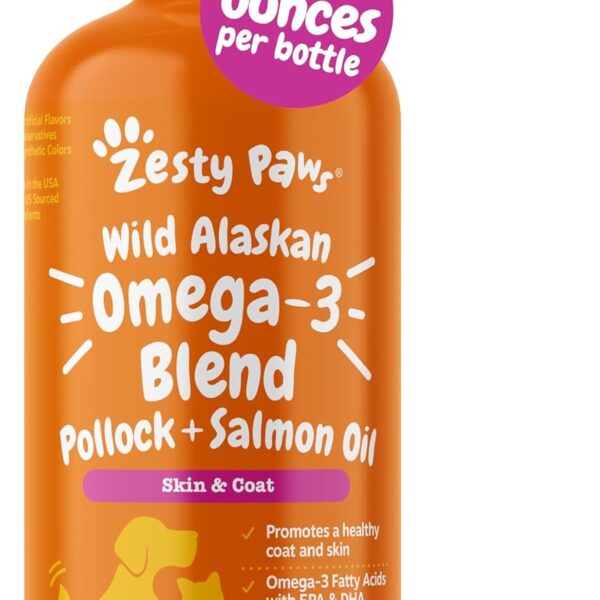 Zesty Paws Wild Alaskan Omega-3 Blend Pollock + Salmon Oil for Dogs and Cats- Skin and Coat Support, Omega 3 Supplement for Pets, 32oz