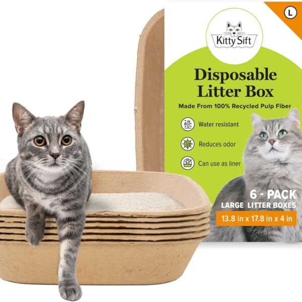 Kitty Sift Disposable Cat Litter Box Large, 6 Count, Durable Portable for Travel and Home, Eco-Friendly Disposable Litter Box Controls Odor
