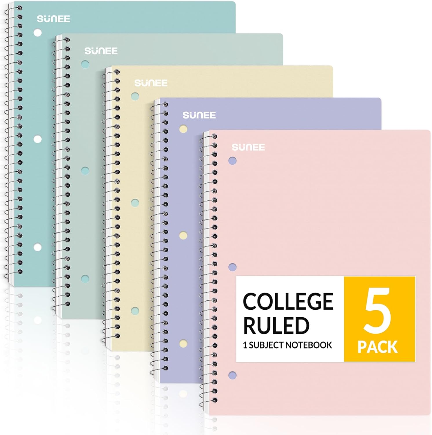 SUNEE Spiral Notebooks, 1-Subject, 5 Pack, College Ruled Paper, 8" x 10-1/2", 70 Sheets per Notebook,3-Hole Punched Paper, Pink,Purple, Blue, Green, Yellow Spiral Lined Notebooks for School,Work SUNEE Spiral Notebooks, 1-Subject, 5 Pack, College Ruled Paper, 8" x 10-1/2", 70 Sheets per Notebook,3-Hole Punched Paper, Pink,Purple, Blue, Green, Yellow Spiral Lined Notebooks for School,Work