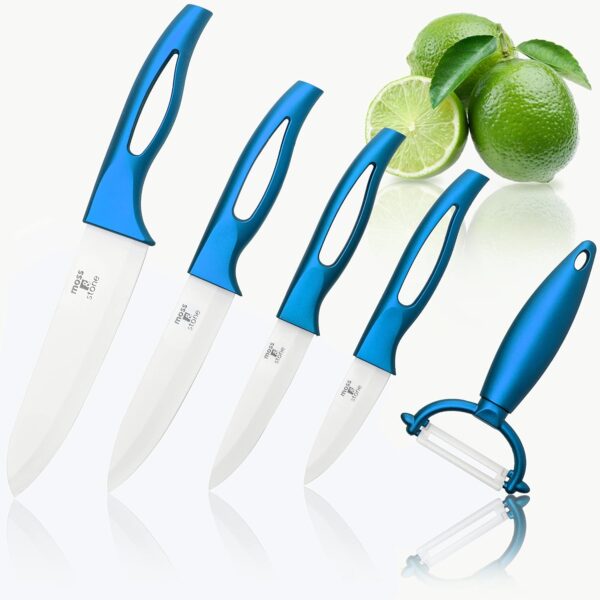 Moss & Stone Kitchen Cutlery White Ceramic Knife Set, Ceramic Knife Set and Fruit Peeler, Rust Proof & Stain Resistant, Kitchen Cooking Knife Set 5 pieces Blue Knives