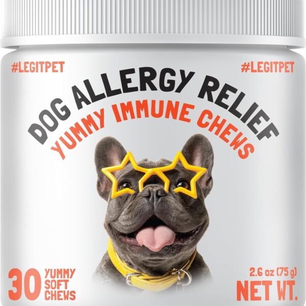 Allergy Relief Chews for Dogs & Immune & Digestive Supplement with Wild Salmon Oil Kelp Colostrum Turmeric Probiotics & Bee Pollen for Seasonal Allergies Anti Itch, Skin Hot Spots 30 Soft Treats
