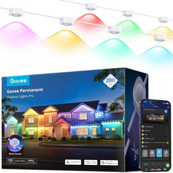 Govee Permanent Outdoor Lights Pro, 200ft with 120 RGBIC LED Lights for Daily and Accent Lighting, 75 Scene Modes for Outdoor Decor, IP67 Waterproof, Works with Alexa, Google Assistant, Matter, White