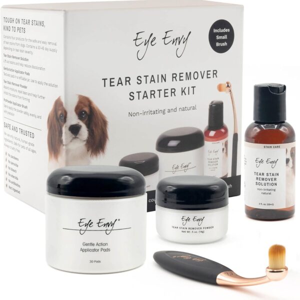 Eye Envy Dog Tear Stain Remover Starter Kit with ProPowder Brush | Stain Solution, Applicator Pads, Stain Powder and Small Applicator Brush | Lasts 30-45 Days
