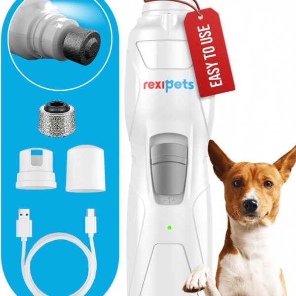 REXIPETS Cat and Dog Nail Grinder - Rechargeable Electric Pet Nail Clipper & Trimmer- Painless Paws Grooming - Quiet 2-Speed Motor. 3 Size Ports for Small, Medium, Large Pets- Up to 4 Hours of Charge