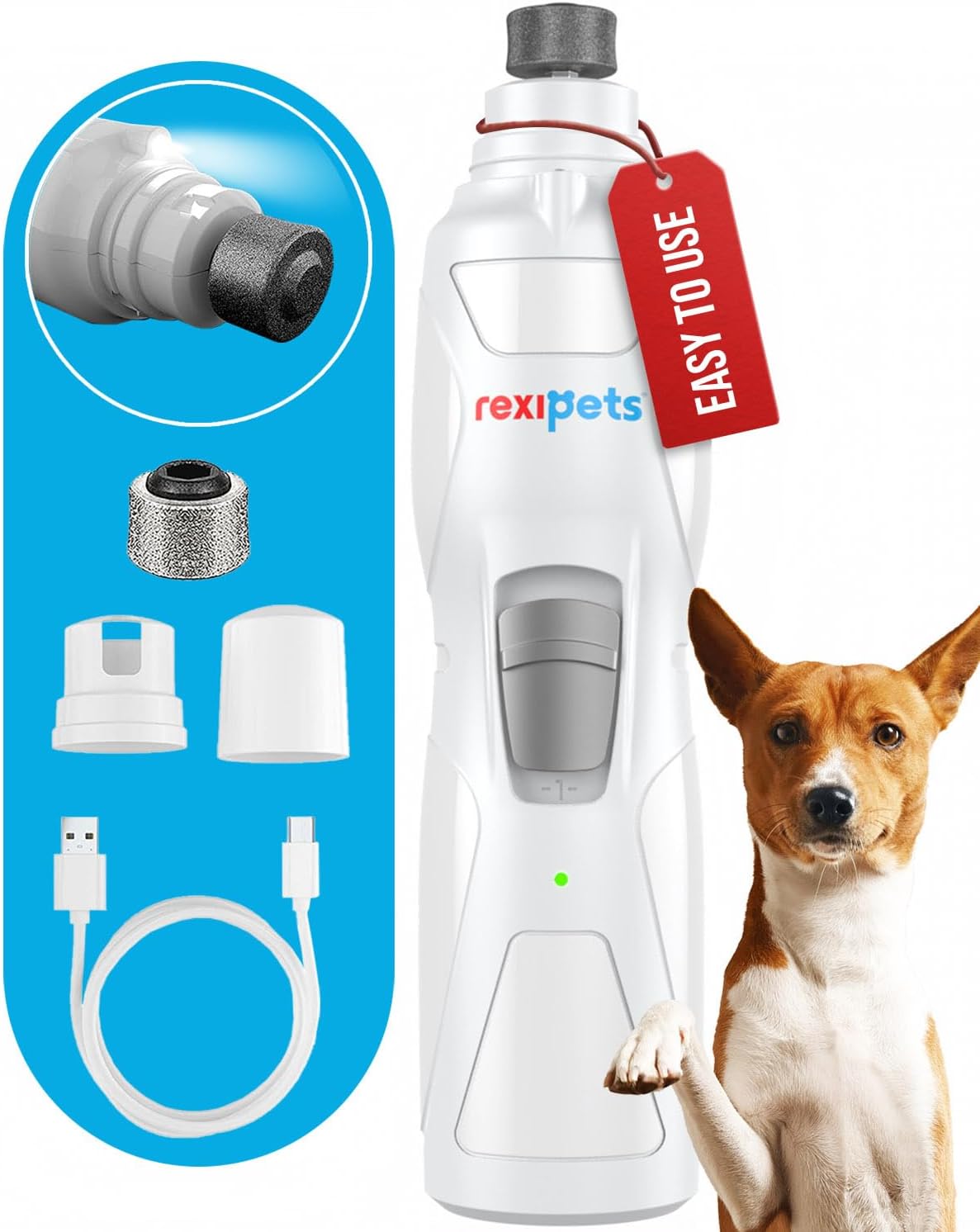 REXIPETS Cat and Dog Nail Grinder - Rechargeable Electric Pet Nail Clipper & Trimmer- Painless Paws Grooming - Quiet 2-Speed Motor. 3 Size Ports for Small, Medium, Large Pets- Up to 4 Hours of Charge REXIPETS Cat and Dog Nail Grinder - Rechargeable Electric Pet Nail Clipper & Trimmer- Painless Paws Grooming - Quiet 2-Speed Motor. 3 Size Ports for Small, Medium, Large Pets- Up to 4 Hours of Charge