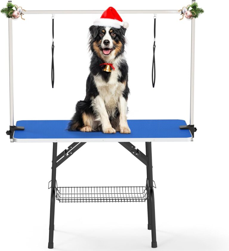 YITAHOME 46" Dog Grooming Table, Foldable Home Pet Bathing Station Table with Adjustable Arm, Non-Slip Desktop, Storage Tray& Noose, Blue
