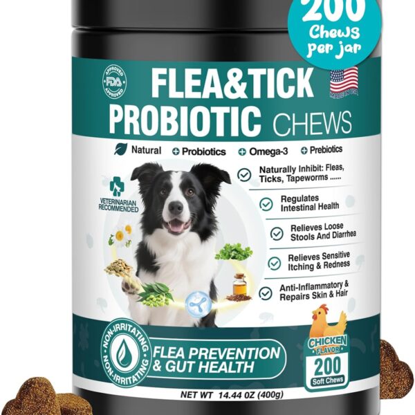 Dog Flea and Tick Treatment Chewables for Dogs Natural Chewable Flea and Tick Chicken Flavor Prevention Probiotic Dog Chews Gut Health Probiotics for Dogs Digestive Health 2 in 1 Chewable 200 Chews