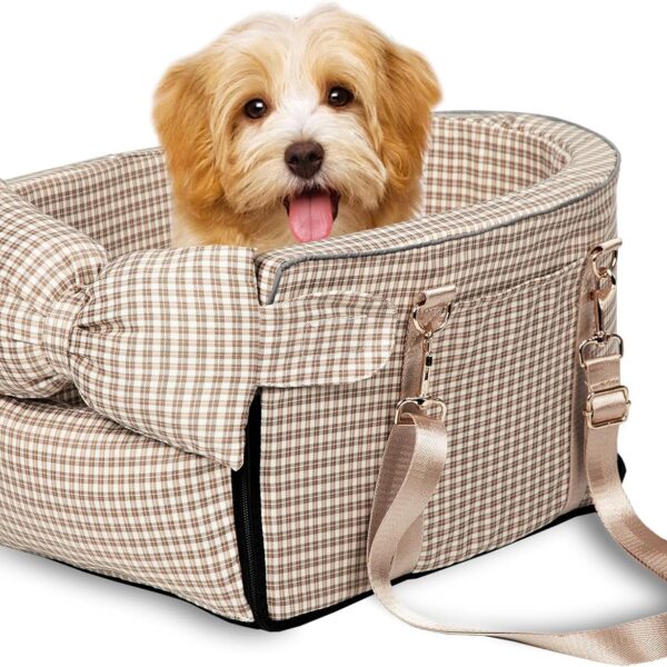 Dog Car Seat for Small Dogs,Center Console Seat for Puppy,Anti-Collapse Pet Car Seat with Soft Cushion Safety Belt, Portable Car Armrest Seat for Dog & Cat Under 15 lbs (Grid-Brown)