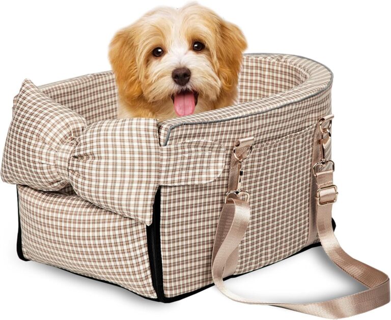 Dog Car Seat for Small Dogs,Center Console Seat for Puppy,Anti-Collapse Pet Car Seat with Soft Cushion Safety Belt, Portable Car Armrest Seat for Dog & Cat Under 15 lbs (Grid-Brown)