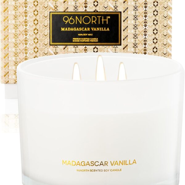 96NORTH Luxury Vanilla Soy Candles | Large 3 Wick Jar Candle | Up to 50 Hours Burning Time | 100% Natural Soy Wax | Relaxing Aromatherapy Aesthetic Candle | Housewarming Gift for Men and Women