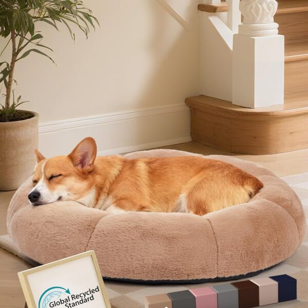 OhGeni 31 inches Calming Donut Orthopedic Dog & Cat Bed for Medium Pets, Warming Comfort Fluffy Short Pile Fur, Durable Waterproof Machine Washable Removable Cover, Cute Round Bed for Puppy, Camel