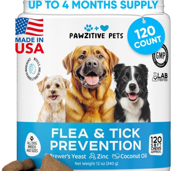 Chewable Flea and Tick Prevention for Dogs - 120 Soft Chews Made in USA - Oral Flea and Tick Control Pills for Small, Medium, Large Dogs and Puppies - Skin and Coat Supplement Treats for All Breeds