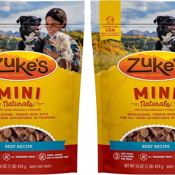 Zuke's Mini Naturals Dog Training Treats, Beef Recipe, Soft Mini Dog Treats with Vitamins & Minerals, Made for All Breed 16 Ounce (Pack of 2)
