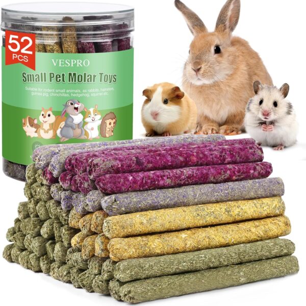 52Pcs Rabbit Chew Sticks, Guinea Pig Toys, Natural Timothy Grass Molar Teeth Stick, Mixing Flowers, Roses, Calendula and Forget Me Not, Small Animals Treats