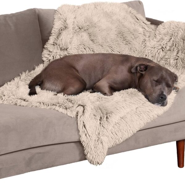 Furhaven Waterproof Throw Blanket for Dogs & Indoor Cats, Washable - Shaggy Plush Calming Long Faux Fur & Velvet Dog Blanket - Taupe, Large
