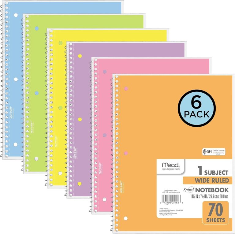 Mead Spiral Notebook, 6 Pack, 1 Subject, Wide Ruled Paper, 7-1/2" x 10-1/2", 70 Sheets per Notebook, Assorted Pastel Colors (930050-ECM)